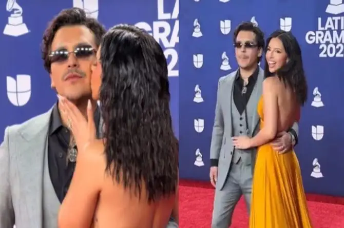 Christian Nodal evita beso de Ángela Aguilar en la alfombra roja de los Latin Grammy